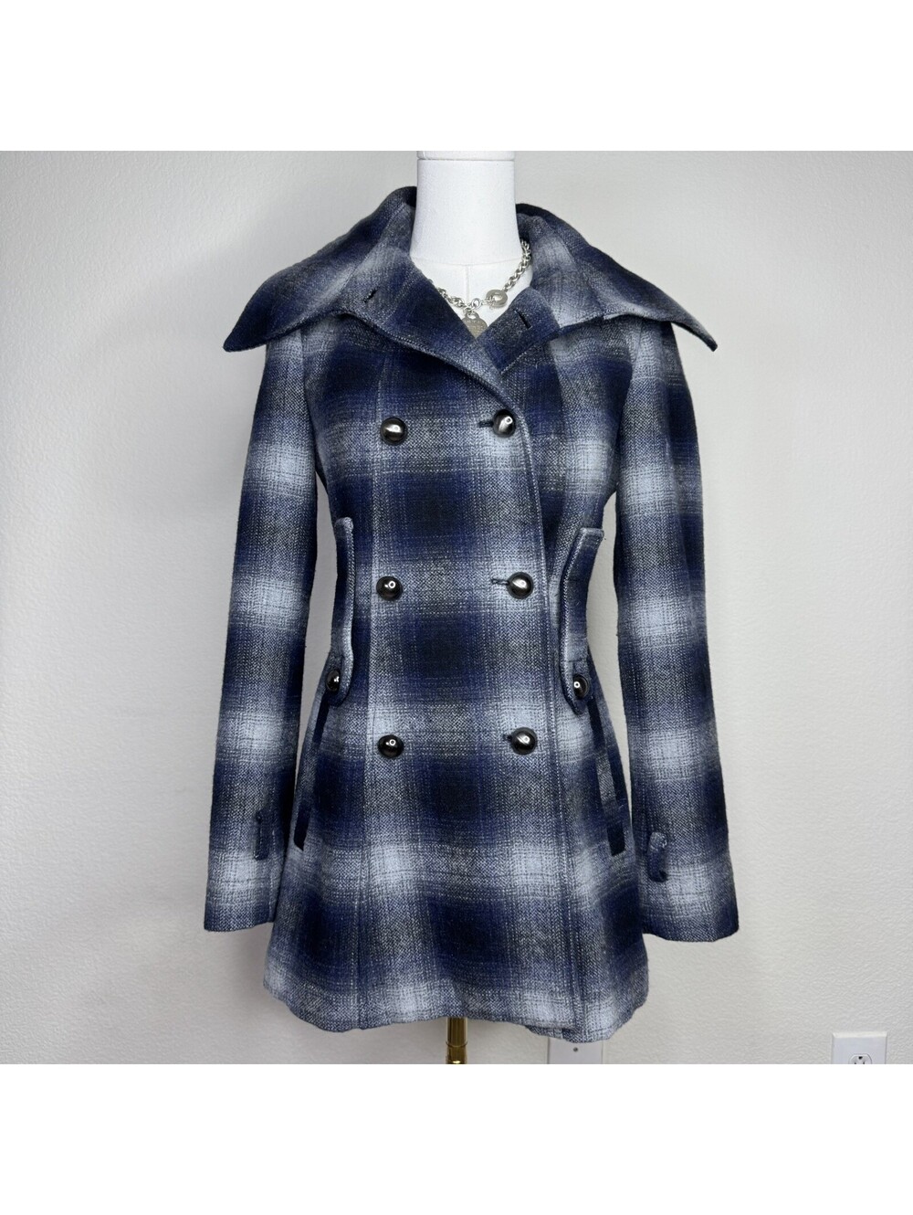 Vintage Miss Sixty Blue Plaid Peacoat Wool Blend Double Breasted Size XS